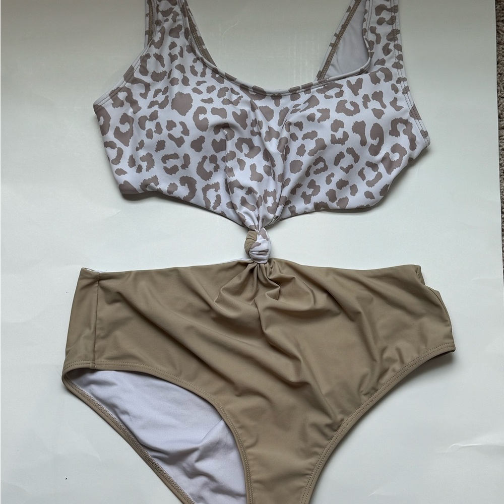 Pink Lily Leopard Print One Piece Swimsuit - White and Tan